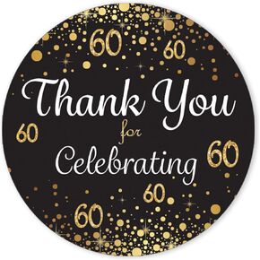 Black and Gold 60th Birthday Party Thank You Stickers - 40 Stickers