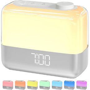 Digital Alarm Clock for Bedroom: Sunrise Wake-up Light, 8 Color Night Light, Dual Loud Alarms for Heavy Sleepers, 9-Mins Snooze, 6 Sounds, 7 Volume, Rechargeable 2000mAh Battery (Silver)