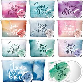 20 Pcs Employee Appreciation Gifts 10 Inspirational Canvas Makeup Bags 10 Compact Mirrors Bulk Gifts Cosmetic Bags Round Portable Pocket Mirror Thank You Gifts for Women(Motivation)