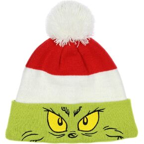 Dr. Seuss Grinch Embroidered Face Color Block Pom Fold Cuff Adult Knit Beanie Multicolored