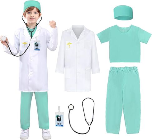 Kids Doctor Costume with Lab Coat Hat Stethoscope and Badge for Cosplay Halloween Costumes in Kuwait