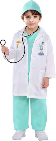 Kids Doctor Costume with Lab Coat Hat Stethoscope and Badge for Cosplay Halloween Costumes in Kuwait