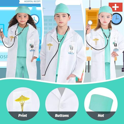 Kids Doctor Costume with Lab Coat Hat Stethoscope and Badge for Cosplay Halloween Costumes in Kuwait