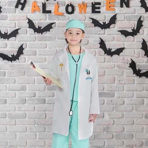 Kids Doctor Costume with Lab Coat Hat Stethoscope and Badge for Cosplay Halloween Costumes in Kuwait