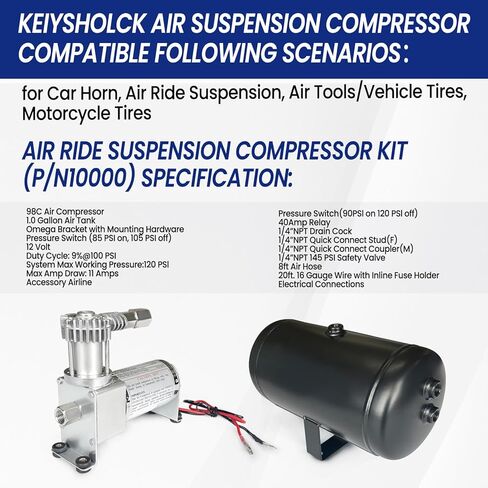 طقم ضاغط تعليق للركوب الهوائي P/N10000 مناسب لأدوات الهواء المعلقة للركوب الهوائي/إطارات المركبات 98C ضاغط هواء 40 أمبير مرحل 1/4 بوصة NPT خرطوم هواء بطول 8 أقدام in Kuwait
