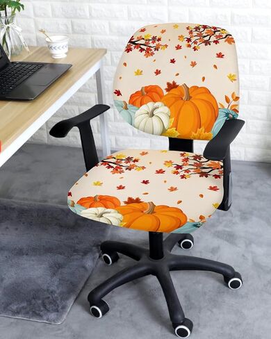 Fall Thanksgiving 2 Pieces Computer Office Chair Covers Set,Stretchable Desk Rotating Chair Seat Cushion Slipcover Decorative Back Cover Orange Teal Grey Pumpkins Gold Maple Leaves Autumn Holiday in Saudi Arabia