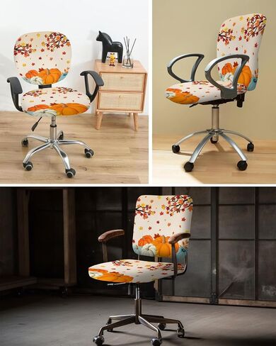Fall Thanksgiving 2 Pieces Computer Office Chair Covers Set,Stretchable Desk Rotating Chair Seat Cushion Slipcover Decorative Back Cover Orange Teal Grey Pumpkins Gold Maple Leaves Autumn Holiday in Saudi Arabia