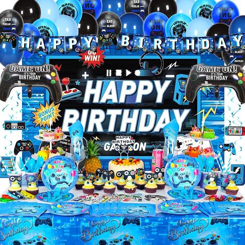 Video Game Birthday Decorations, 240Pcs Gaming Party Decorations for 10 Guests Banners, Balloons and Tablecloths, Boys Birthday Party Set Blue in Saudi Arabia