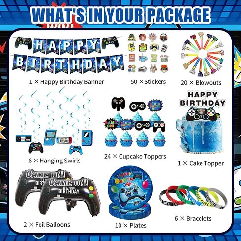 Video Game Birthday Decorations, 240Pcs Gaming Party Decorations for 10 Guests Banners, Balloons and Tablecloths, Boys Birthday Party Set Blue in Saudi Arabia
