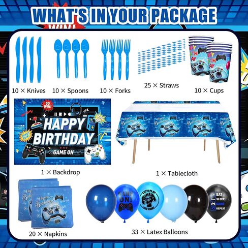 Video Game Birthday Decorations, 240Pcs Gaming Party Decorations for 10 Guests Banners, Balloons and Tablecloths, Boys Birthday Party Set Blue in Saudi Arabia