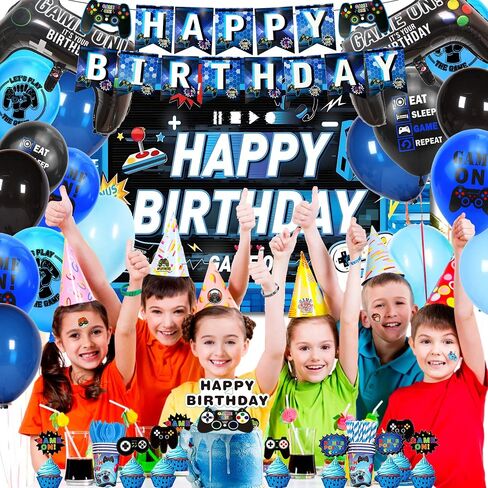 Video Game Birthday Decorations, 240Pcs Gaming Party Decorations for 10 Guests Banners, Balloons and Tablecloths, Boys Birthday Party Set Blue in Saudi Arabia