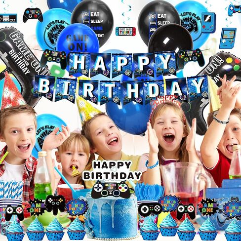 Video Game Birthday Decorations, 240Pcs Gaming Party Decorations for 10 Guests Banners, Balloons and Tablecloths, Boys Birthday Party Set Blue in Saudi Arabia