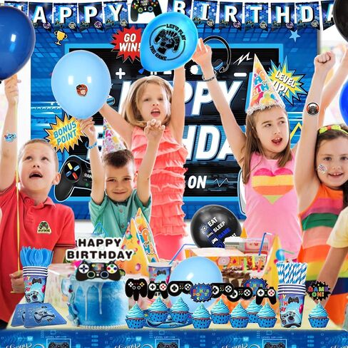 Video Game Birthday Decorations, 240Pcs Gaming Party Decorations for 10 Guests Banners, Balloons and Tablecloths, Boys Birthday Party Set Blue in Saudi Arabia