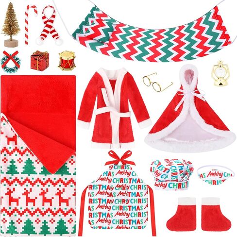 UPINS 12 Pcs Christmas Elf Doll Accessories Set with Christmas Sleeping Bag Bathrobe Apron and Chef Hat Glasses Scarf Hammock Xmas Accessory for Doll Decorations in Saudi Arabia