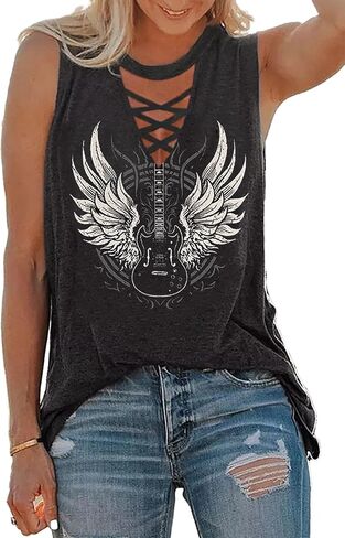 CHUNTIANRAN Womens Rock Roll Girl Strong Eagle Tank Sexy Hollow Out Deep V Neck Sleeveless T Shirt Blouse in Kuwait