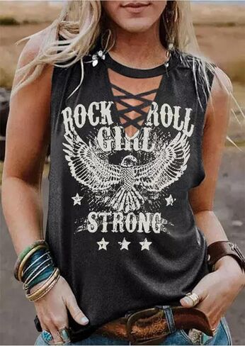 CHUNTIANRAN Womens Rock Roll Girl Strong Eagle Tank Sexy Hollow Out Deep V Neck Sleeveless T Shirt Blouse in Kuwait