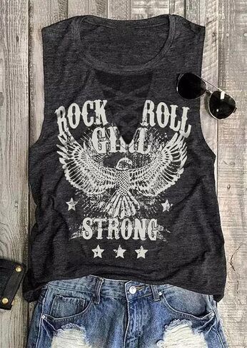 CHUNTIANRAN Womens Rock Roll Girl Strong Eagle Tank Sexy Hollow Out Deep V Neck Sleeveless T Shirt Blouse in Kuwait