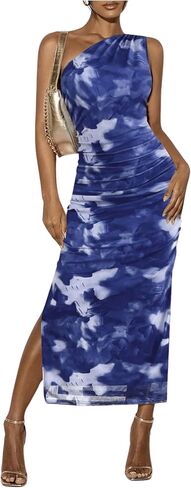 Milumia Women's Tie Dye One Shoulder Side Slit Bodycon Long Dress Ruched Maxi Party Club Dresses in Kuwait