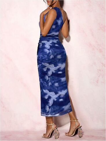 Milumia Women's Tie Dye One Shoulder Side Slit Bodycon Long Dress Ruched Maxi Party Club Dresses in Kuwait