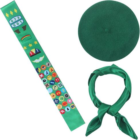 Shinymoon 3 Pcs Girl Woman Halloween Scout Costume Set for Cosplay Square Neck Hair Scarf Satin Sash French Beret Hat in Saudi Arabia