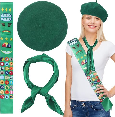 Shinymoon 3 Pcs Girl Woman Halloween Scout Costume Set for Cosplay Square Neck Hair Scarf Satin Sash French Beret Hat in Saudi Arabia