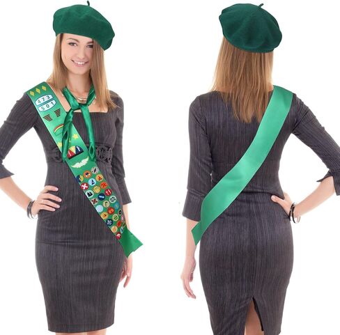 Shinymoon 3 Pcs Girl Woman Halloween Scout Costume Set for Cosplay Square Neck Hair Scarf Satin Sash French Beret Hat in Saudi Arabia