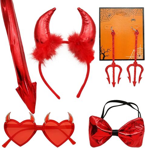 5Pcs Halloween Devil Horns Accessory Set Demon Horns Headband Bowtie Tail Devil Pitchfork Earrings Glasses Women in Kuwait
