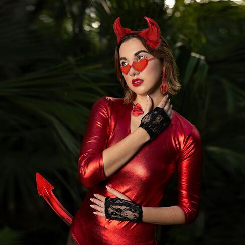 5Pcs Halloween Devil Horns Accessory Set Demon Horns Headband Bowtie Tail Devil Pitchfork Earrings Glasses Women in Kuwait