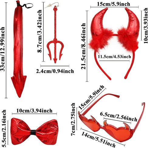 5Pcs Halloween Devil Horns Accessory Set Demon Horns Headband Bowtie Tail Devil Pitchfork Earrings Glasses Women in Kuwait