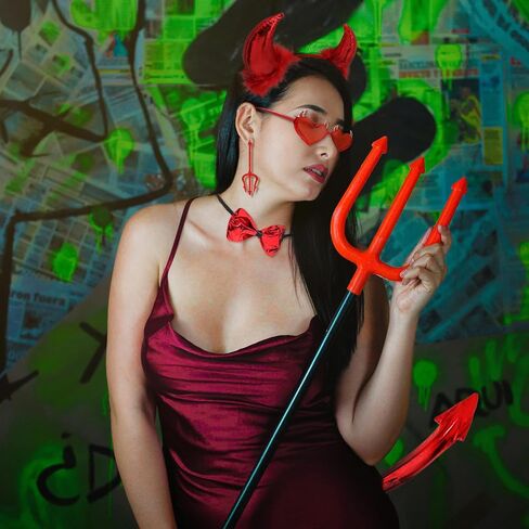 5Pcs Halloween Devil Horns Accessory Set Demon Horns Headband Bowtie Tail Devil Pitchfork Earrings Glasses Women in Kuwait