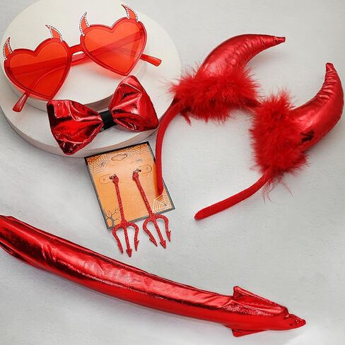 5Pcs Halloween Devil Horns Accessory Set Demon Horns Headband Bowtie Tail Devil Pitchfork Earrings Glasses Women in Kuwait