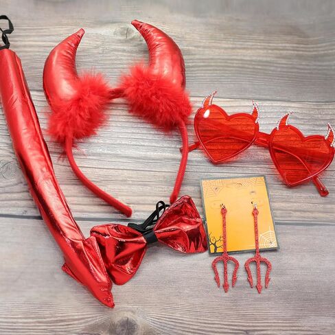 5Pcs Halloween Devil Horns Accessory Set Demon Horns Headband Bowtie Tail Devil Pitchfork Earrings Glasses Women in Kuwait