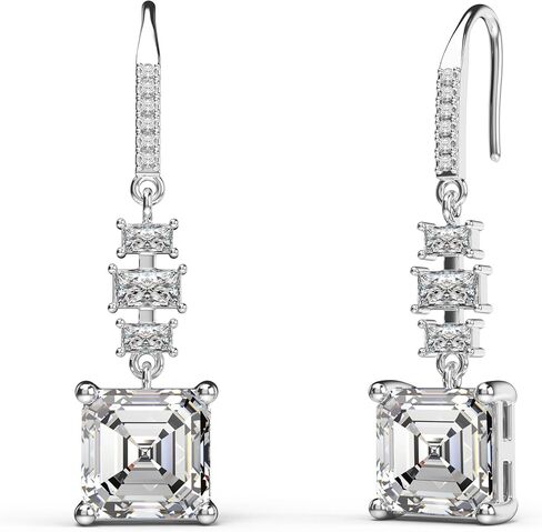 18K White Gold Plated Sterling Silver Asscher Cut Cubic Zirconia Dangle Earrings for Women Square CZ Diamond Drop Dangling Earrings for Women Mom in Kuwait
