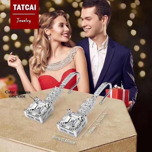 18K White Gold Plated Sterling Silver Asscher Cut Cubic Zirconia Dangle Earrings for Women Square CZ Diamond Drop Dangling Earrings for Women Mom in Kuwait