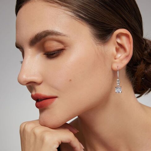 18K White Gold Plated Sterling Silver Asscher Cut Cubic Zirconia Dangle Earrings for Women Square CZ Diamond Drop Dangling Earrings for Women Mom in Kuwait