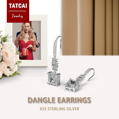 18K White Gold Plated Sterling Silver Asscher Cut Cubic Zirconia Dangle Earrings for Women Square CZ Diamond Drop Dangling Earrings for Women Mom in Kuwait
