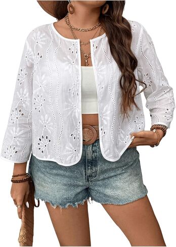 OYOANGLE Women's Plus Size Cardigan Eyelet Embroidered Open Front Long Sleeve Jacket Casual Fashion Cardigan in Saudi Arabia