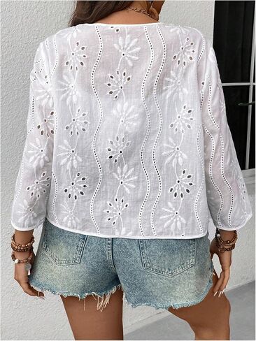 OYOANGLE Women's Plus Size Cardigan Eyelet Embroidered Open Front Long Sleeve Jacket Casual Fashion Cardigan in Saudi Arabia