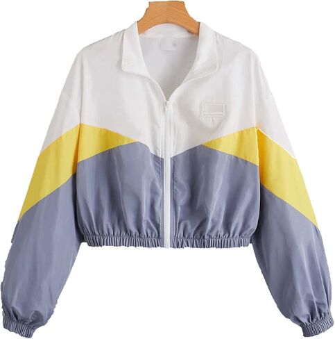 SweatyRocks Women's Long Sleeve Full Zip Cropped Jacket Color Block Windbreaker Coat in Saudi Arabia