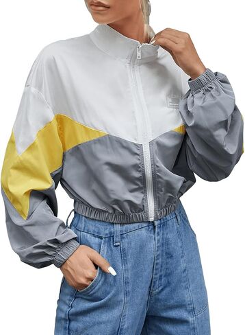 SweatyRocks Women's Long Sleeve Full Zip Cropped Jacket Color Block Windbreaker Coat in Saudi Arabia