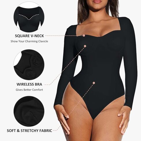 FeelinGirl Long Sleeve Shapewear Bodysuits for Women Tummy Control Shapewear Sweet Heart V Neck Compression Body Suits Tops in Saudi Arabia