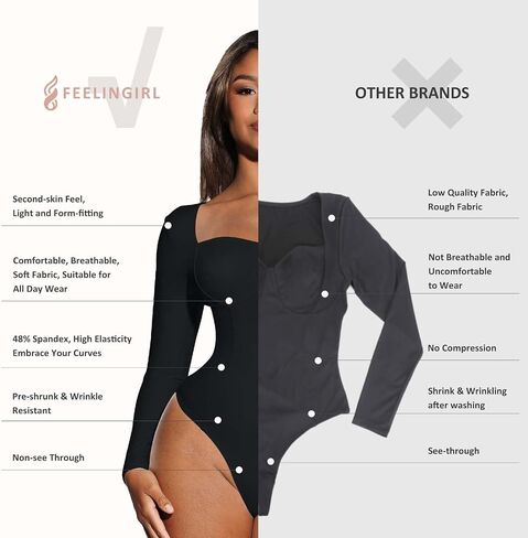 FeelinGirl Long Sleeve Shapewear Bodysuits for Women Tummy Control Shapewear Sweet Heart V Neck Compression Body Suits Tops in Saudi Arabia
