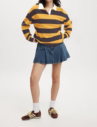 Meladyan Rugby Shirt Women Polo Striped Sweatshirt Oversized Long Sleeve Lapel V Neck Pullover Top Y2K Streetwear Blouses in Kuwait