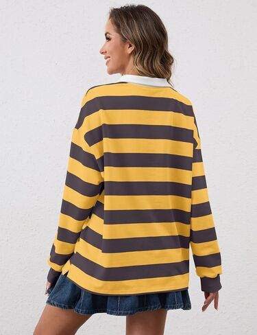 Meladyan Rugby Shirt Women Polo Striped Sweatshirt Oversized Long Sleeve Lapel V Neck Pullover Top Y2K Streetwear Blouses in Kuwait