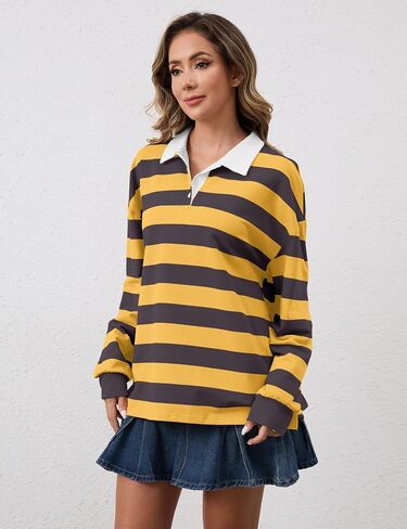 Meladyan Rugby Shirt Women Polo Striped Sweatshirt Oversized Long Sleeve Lapel V Neck Pullover Top Y2K Streetwear Blouses in Kuwait