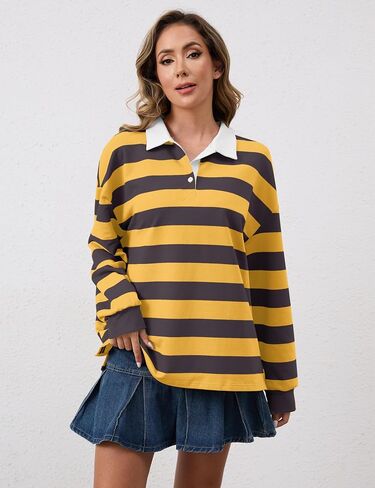 Meladyan Rugby Shirt Women Polo Striped Sweatshirt Oversized Long Sleeve Lapel V Neck Pullover Top Y2K Streetwear Blouses in Kuwait