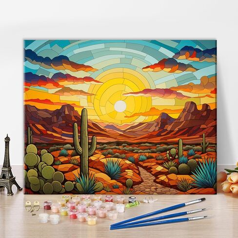 TUMOVO DIY Paint by Numbers for Adults Cactus, Sunset Desert Paint by Numbers Kits with Paintbrushes and Acrylic Pigment, 16X20 Inch Flameless Canvas Wall Decor Oil Painting for Friends Family in Saudi Arabia