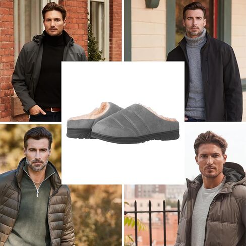 شبشب إسفنج ميموري فوم مقاوم للطقس من جلد الغزال المنتفخ للرجال - شبشب رجالي مريح خفيف الوزن للاستخدام الداخلي والخارجي مع جورب شيرلينغ صناعي in Kuwait