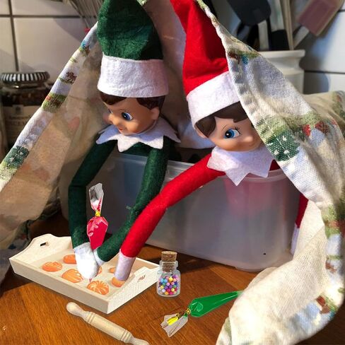 AMETUS 2024 Christmas Elf Accessories, Mini Elf Baker Kits, 2 Sets Apron and Hats,Mini Cookies, for Xmas Elf Doll Ideal Decorations, Rolling Pin, Cookie Cutters, Trays, Cookbook and Cream Decor, Red in Saudi Arabia