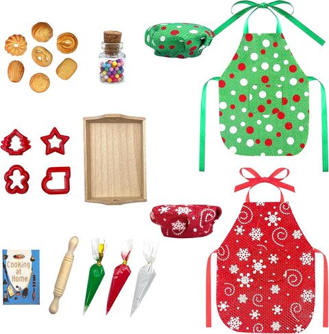 AMETUS 2024 Christmas Elf Accessories, Mini Elf Baker Kits, 2 Sets Apron and Hats,Mini Cookies, for Xmas Elf Doll Ideal Decorations, Rolling Pin, Cookie Cutters, Trays, Cookbook and Cream Decor, Red in Saudi Arabia